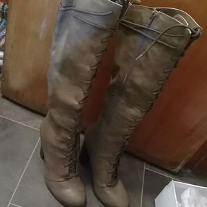 Knee high lace up boots khaki color